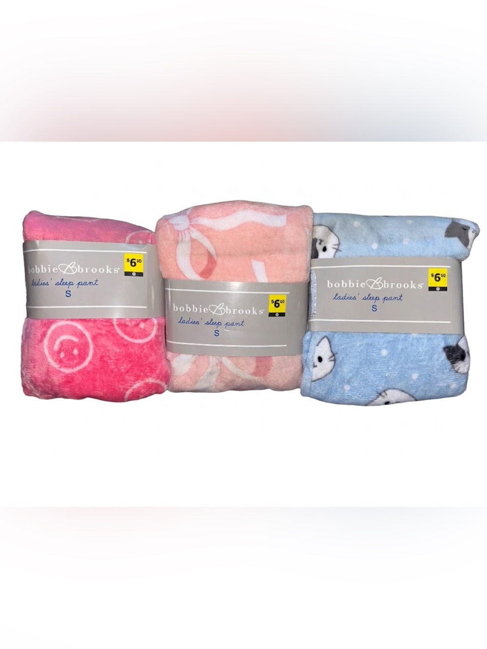 Bobbie Brooks Plush Ladies Sleep Pants Trio - Pink, Peach, Blue 🙂🎀🐱 Size Small